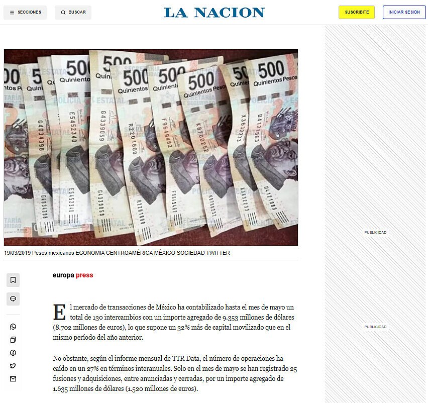 El mercado transaccional de Mxico moviliza ms de 8.700 millones hasta mayo, un 32% ms interanual